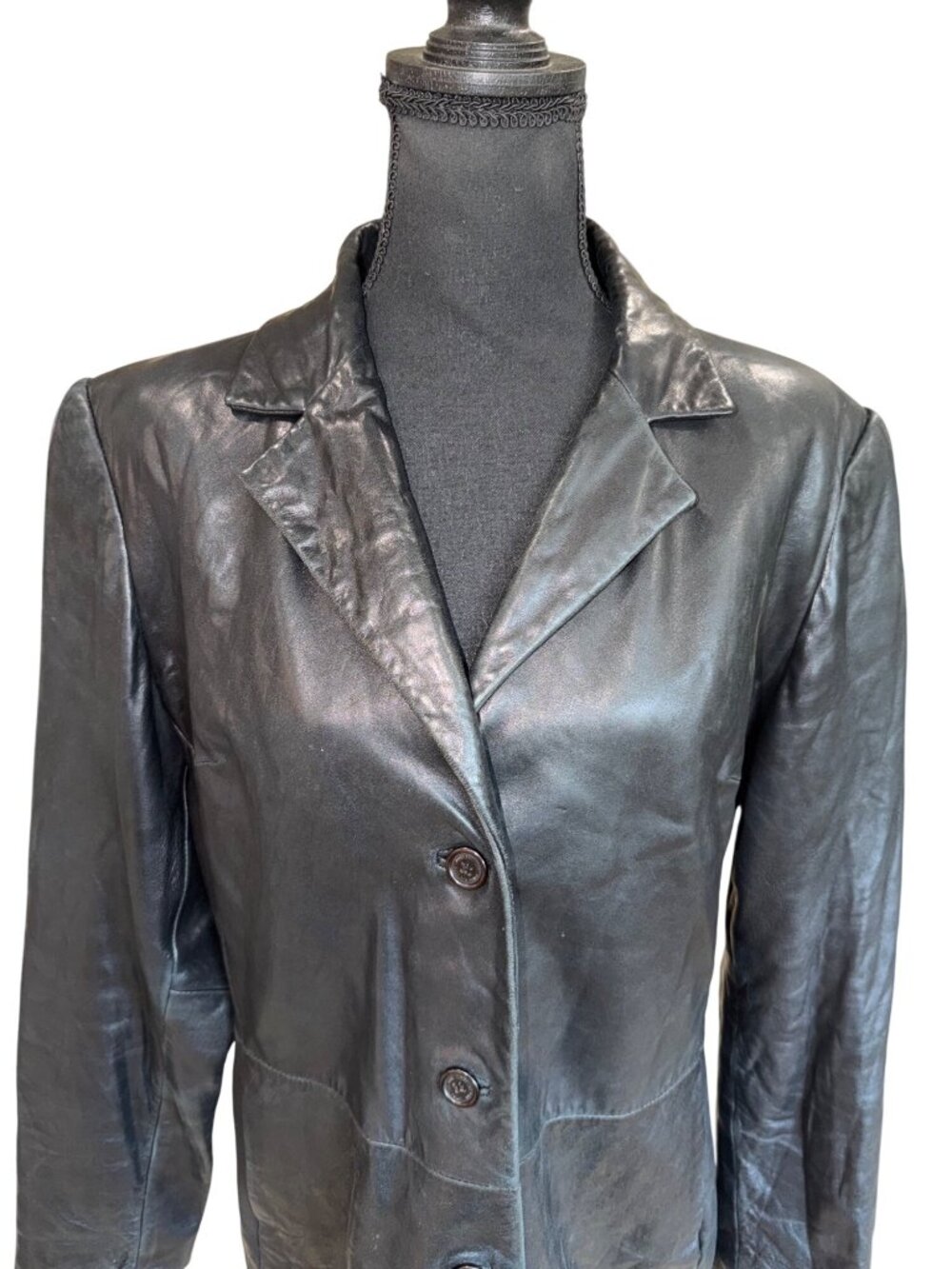 Jones New York Womens M Black Genuine Leather Blazer Jacket Quiet Luxury 90s - Picture 2 of 12